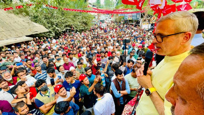 NC vice president Omar Abdullah addressing a rally in Budgam.