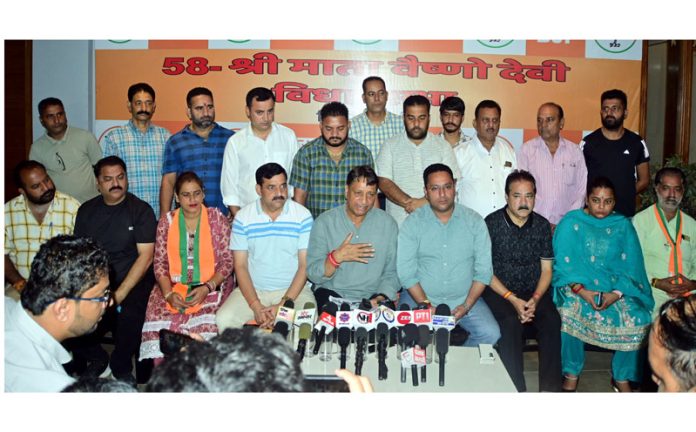 BJP leaders address a press conference in Katra on Saturday.