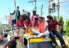 Thakur Manmohan Singh along with his supporters during a rally in Jammu on Sunday.