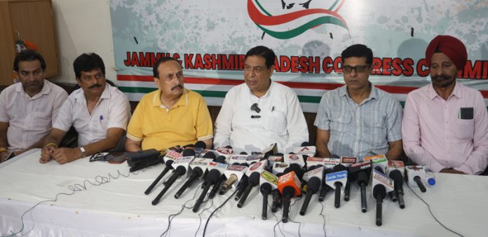 JKPCC chief spokesperson Ravinder Sharma addressing press Confernece in Jammu on Monday. -Excelsior/Rakesh