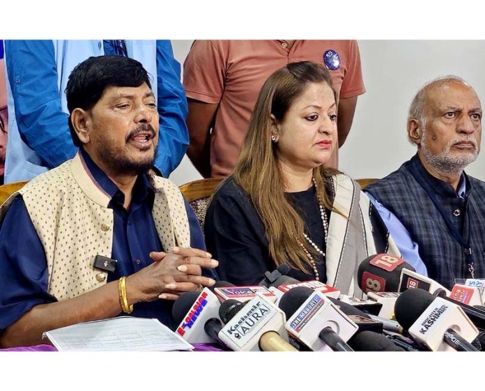 Union Minister of State for Social Justice and Empowerment, Ramdas Athawale, during a press conference in Srinagar. -Excelsior/Shakeel