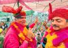 BJP president, Ravinder Raina and party candidate for Udhampur East, R S Pathania at an election rally on Sunday.