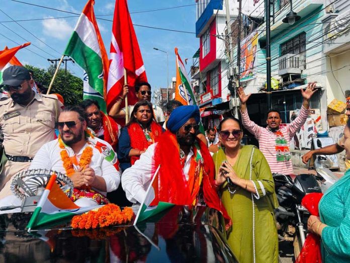 Cong candidate Taranjit Singh Tony during a rally in Jammu on Sunday.