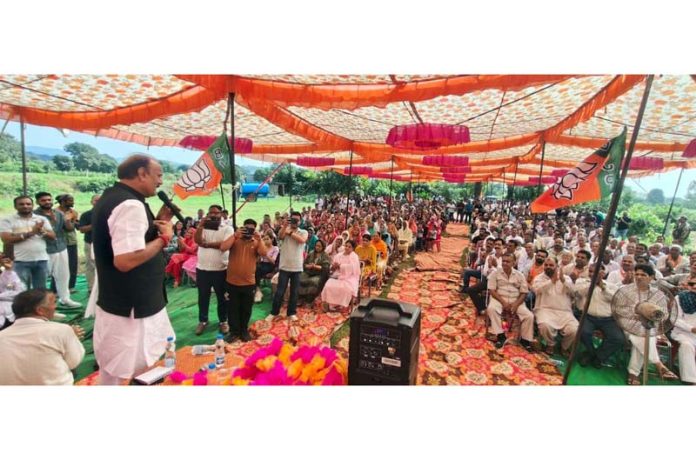 Senior BJP leader Surjeet Singh Slathia addressing a public rally in Vijaypur on Sunday.