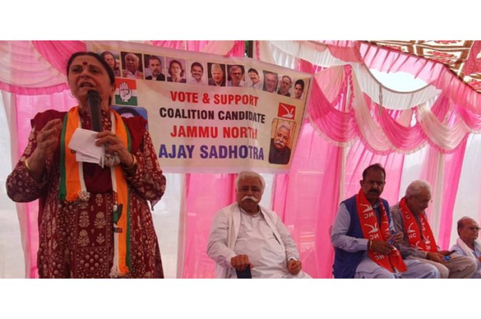 Ex-MLA Indu Pawar addressing election meeting in Jammu North on Sunday.