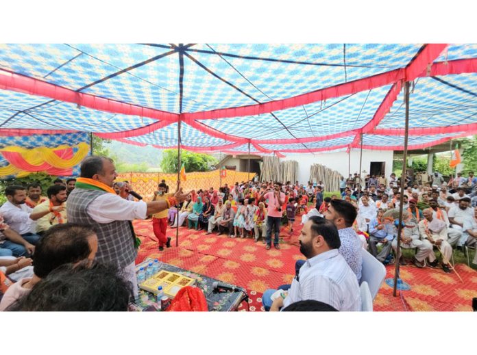 BJP candidate for Bahu constituency, Vikram Randhawa addressing a gathering at Chatha area in Jammu on Sunday.