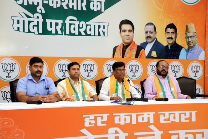 BJP leaders at a press conference at Jammu on Friday.