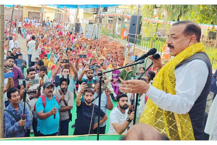 Union Minister Dr Jitendra Singh addressing election meeting in Kathua Assembly constituency on Saturday.