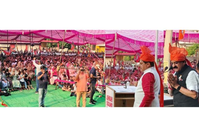 MP CM Mohan Yadav addressing a rally in Samba district on Sunday.