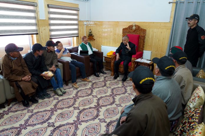 LG Ladakh Brig (Dr) BD Mishra meeting with a delegation in Leh.