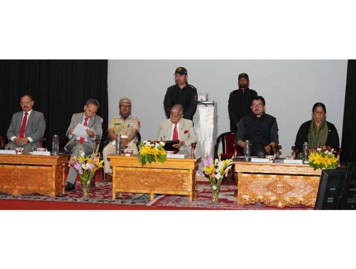 LG Ladakh Brig (Dr) BD Mishra, Acting CJ Tashi Rabstan and other dignitaries during a program at Leh.