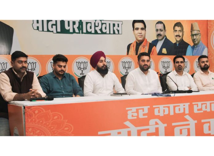 BJYM leaders at a press conference at Jammu on Saturday. -Excelsior/Rakesh