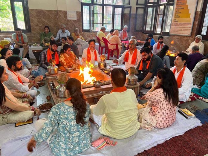 Devotees performing havan on the concluding day of Chaturved Shatakam Yagya in Jammu on Sunday.