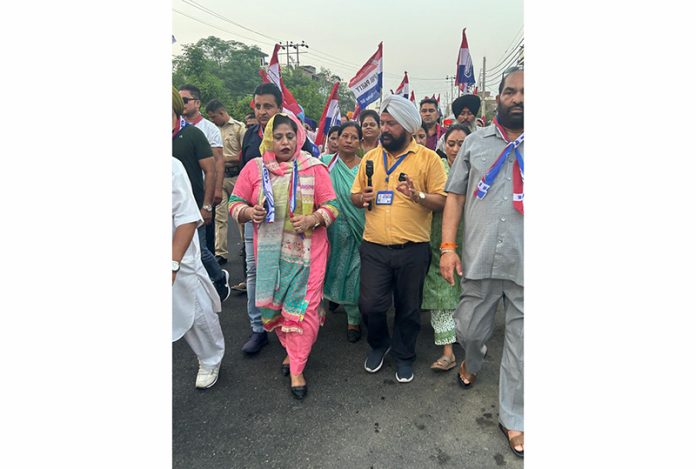 Pavneet Kour taking out padyatra in Jammu South constituency on Wednesday.