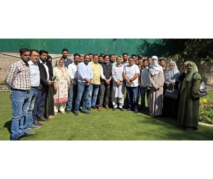 Dignitaries and students during the launch of Dr Raj Nehru’s book ‘I am Shiva’ in Srinagar on Monday.