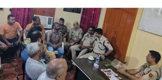 SP South Ajay Sharma chairing a meeting at Bagh-e-Bahu on Monday.