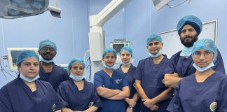 The team of doctors posing after conducting thyroid tumor surgery at AIIMS Jammu on Monday.